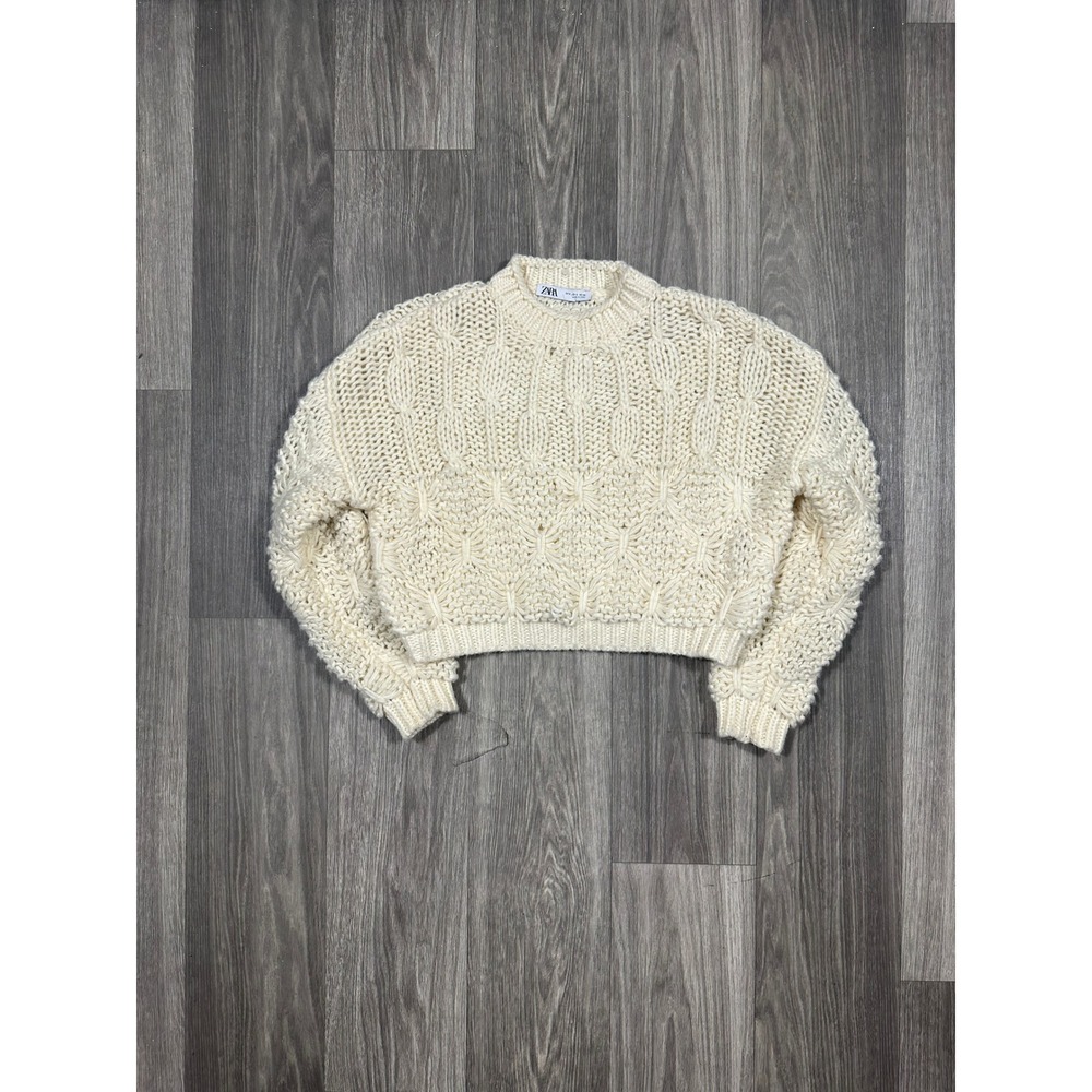Zara Womens Chunky Cable Knit Cropped Sweater Cream Off White Size Small